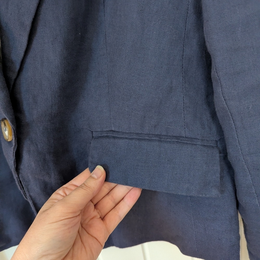 Navy Blue Single-Button 100% Linen Blazer Size Large - Picture 4 of 8